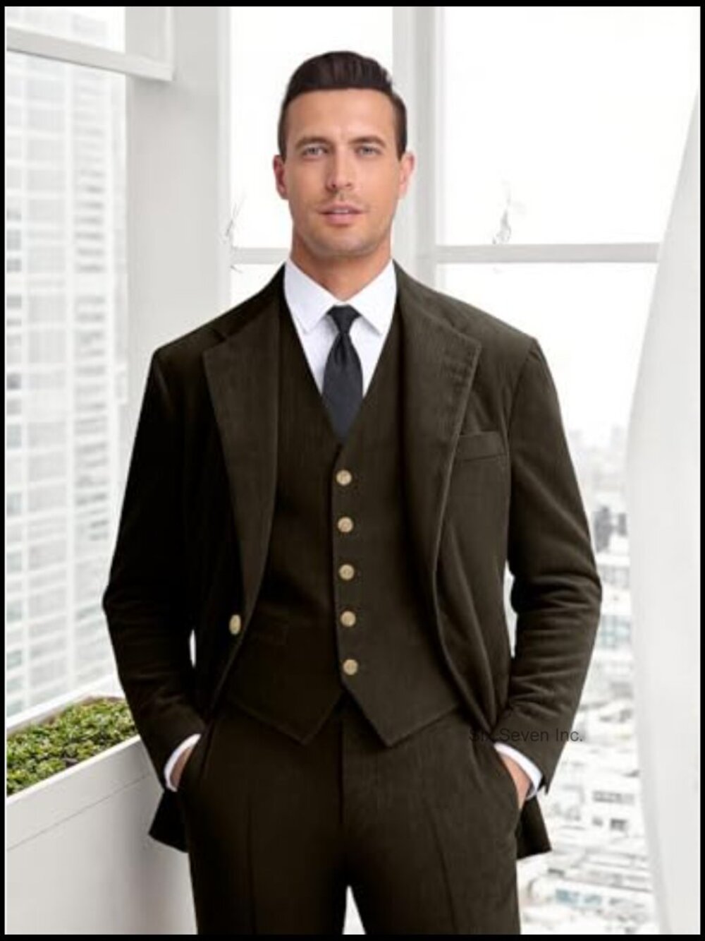 Vintage Corduroy 3 Piece Suit Slim Fit Blazer Vest Pants for Wedding Business - Picture 2 of 6